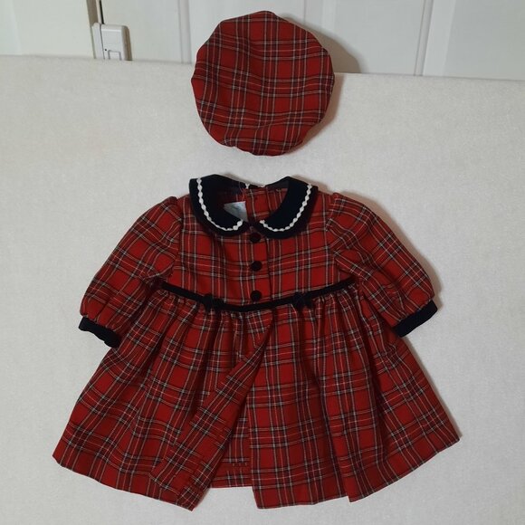 Baby Christmas Red Plaid Dress Coat w Dress, Velvet Collar, Hat Beret, EUC, 6-9m - Picture 3 of 12